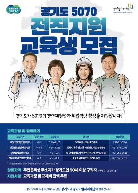 경기도일자리재단, 5070 전직지원 프로그램 교육생 모집