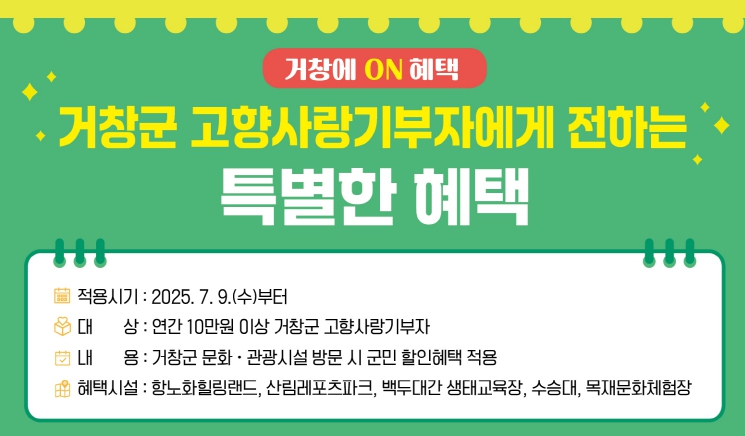 거창군, 고향사랑기부자 문화ㆍ관광시설 이용료 할인