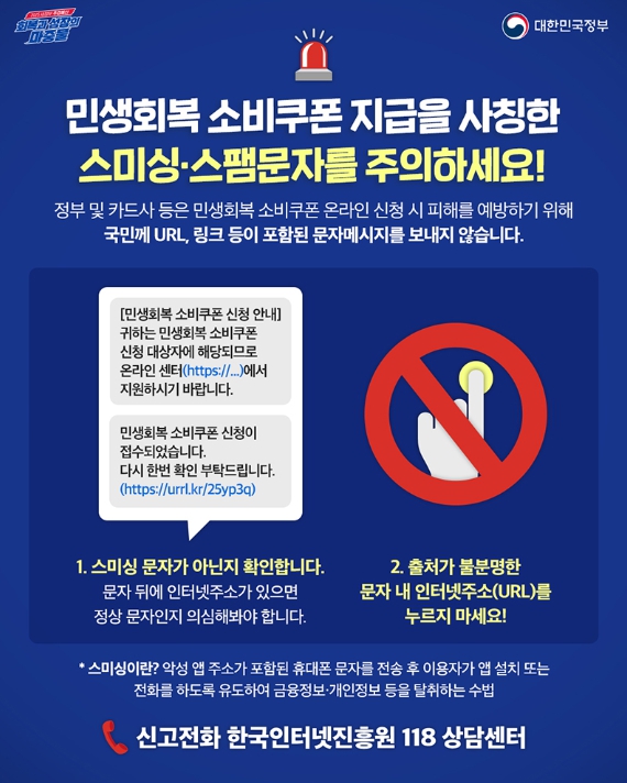 행정안전부,민생회복 소비쿠폰 사칭 스미싱·스팸문자 주의!