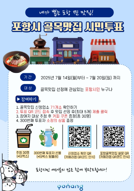 포항시, ‘골목맛집’ 시민투표 실시 … 14~20일까지 온라인 참여