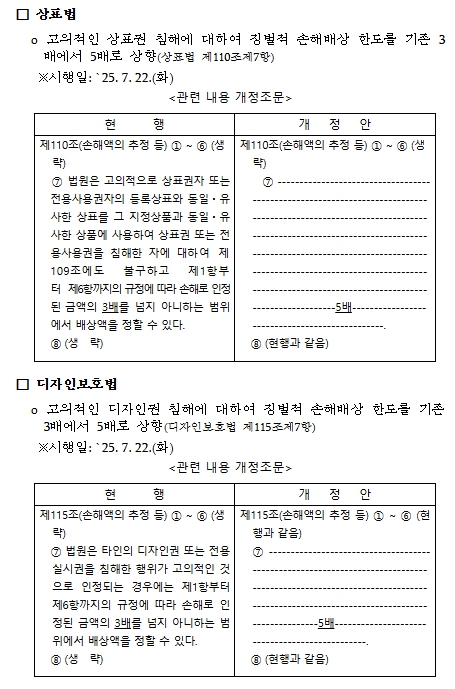 특허청, 고의로 상표·디자인 침해시 최대 5배 징벌배상, 7월 22일부터 시행