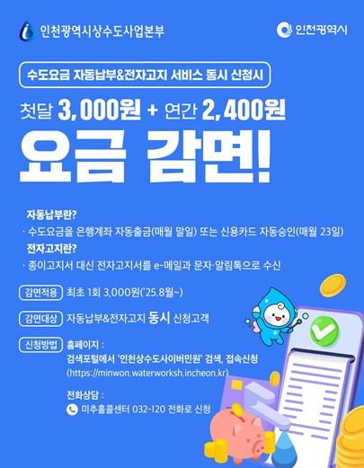 인천시, 수도요금 전자고지·자동납부 신청 시 연 최대 5,400원 혜택 제공