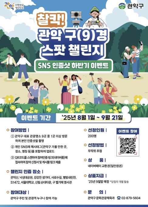 관악구 9대 명소 방문 인증하면, 경품이 와르르! '찰칵! 관악 구(9)경 스팟 챌린지' 하반기 이벤트 개최