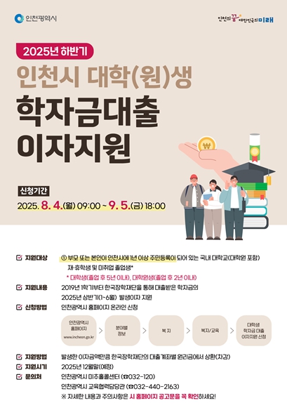 인천시, 소득 기준 폐지로 대학(원)생 학자금대출 이자 전액 지원