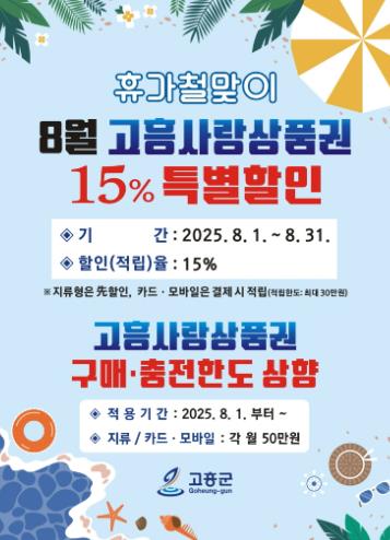 고흥군, 8월 휴가철맞이 ‘고흥사랑상품권’ 15% 특별할인 판매
