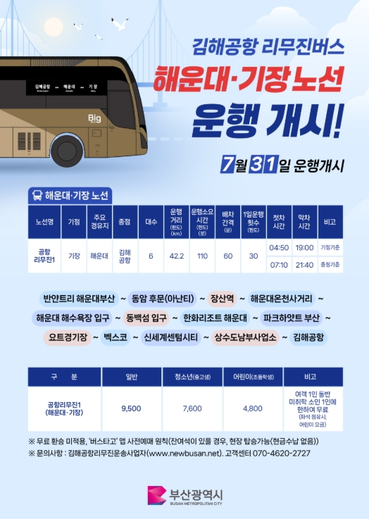 기장군, 31일부터 ‘기장(오시리아)↔김해공항’ 리무진 버스 운행 개시