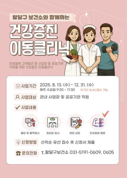 수원시 팔달구보건소, 사업장·공공기관 대상 '2025년 하반기 건강증진 이동클리닉' 운영