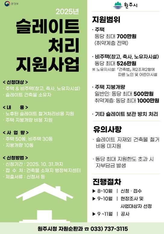 원주시, 2025년 슬레이트 처리 지원사업 추가 신청자 모집
