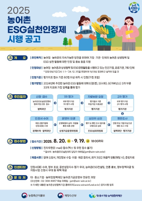 해수부·농식품부·협력재단, '2025년 농어촌 환경·사회·거버넌스(ESG) 실천인정제' 시행

