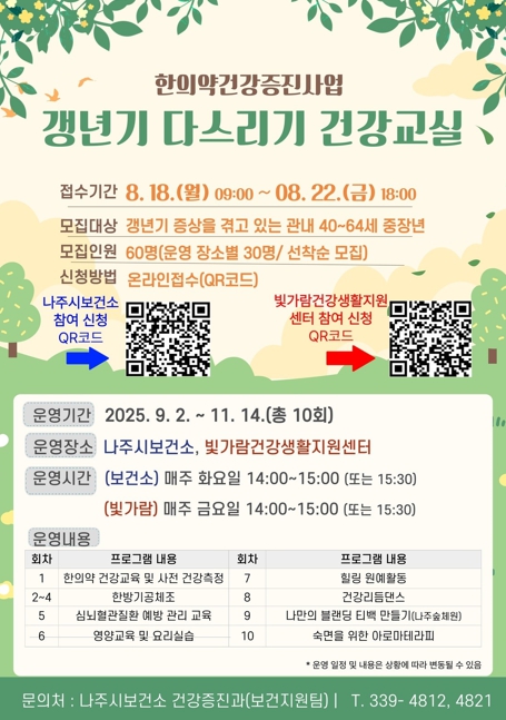 나주시, ‘하반기 갱년기 다스리기 건강 교실’ 운영