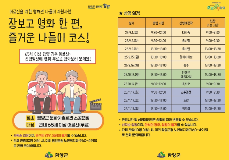 함양군, 관내 65세 이상 어르신 대상 ‘무료 영화 상영’ 진행