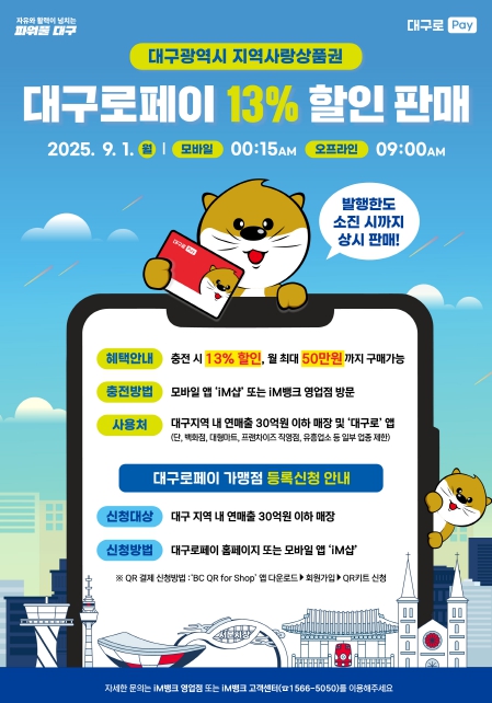 대구로페이, 9월 1일부터 할인율 7%→13% 대폭 상향!