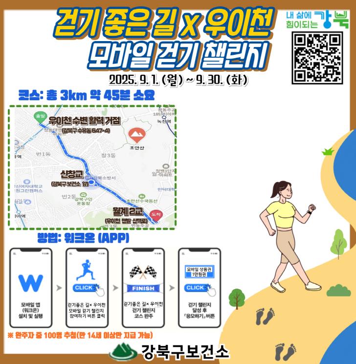 "걷기 좋은길, 우이천과 함께" 강북구, 9월 한 달간 모바일 걷기 챌린지 운영