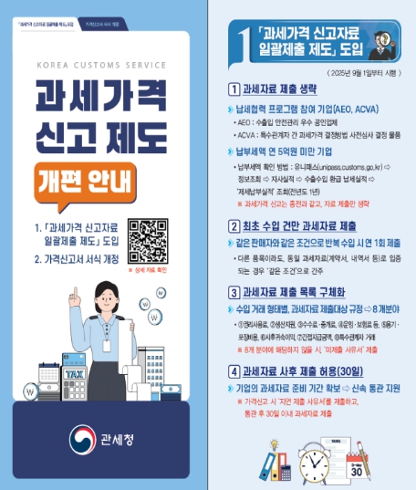 관세청, 9월 1일 신고분부터 '과세가격 신고자료 일괄제출 제도' 본격 적용