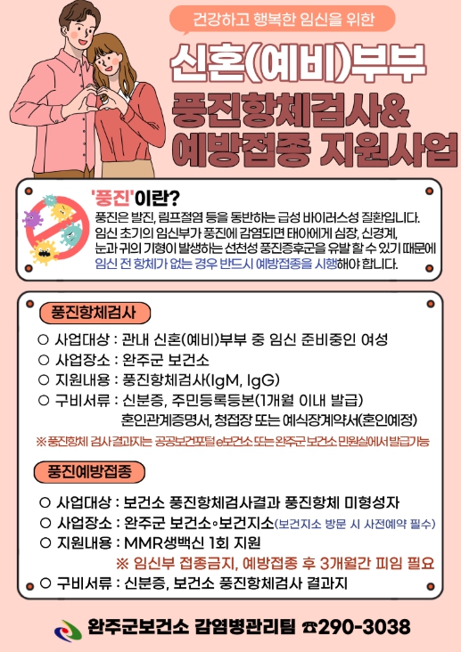 완주군, 신혼 여성 풍진 항체검사·예방접종 지원