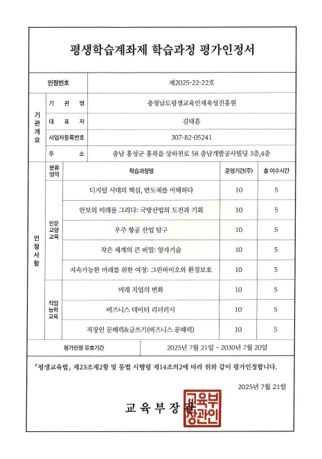충남평생교육인재육성진흥원, ‘평생학습계좌제 평가인정 획득’