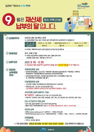 여수시, 9월 정기분 재산세 414억 원 부과…지난해보다 10억 원 증가