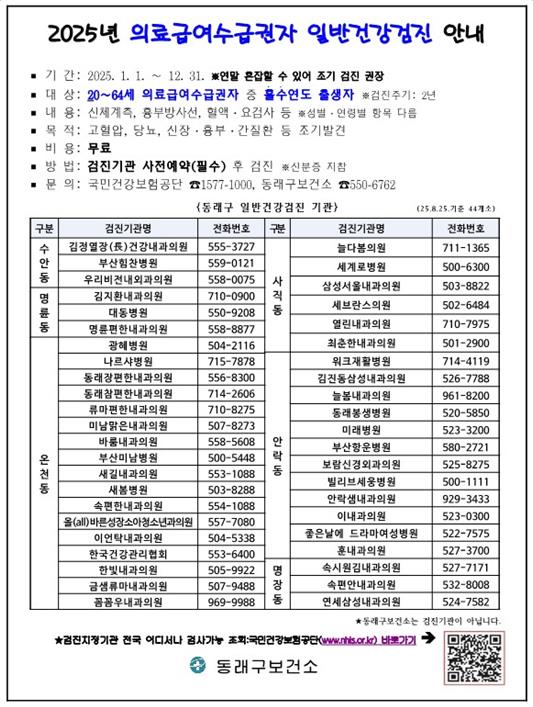 부산 동래구 의료급여수급권자 무료 건강검진, 꼭 챙기세요!
