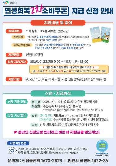 천안시, 22일부터 2차 민생회복 소비쿠폰 신청 접수