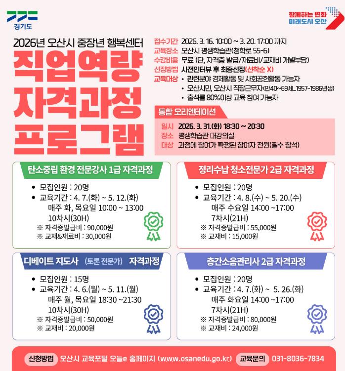 오산시, '중장년 행복센터 직업역량 자격과정' 수강생 모집
