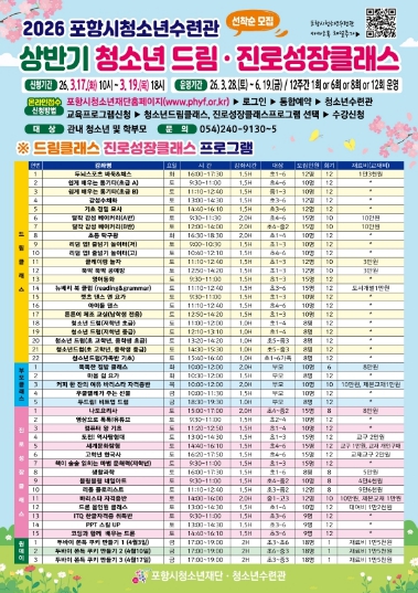 포항시청소년재단, 상반기 청소년 드림·진로성장클래스 수강생 모집 