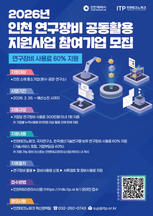 인천TP, ‘2026년 인천 연구장비 공동활용 지원사업’ 참여기업 모집 
