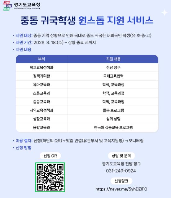 경기도교육청, 재외국민 학생 학습권 보호 적극 나서다 '중동 귀국 학생 원스톱 지원 서비스' 운영