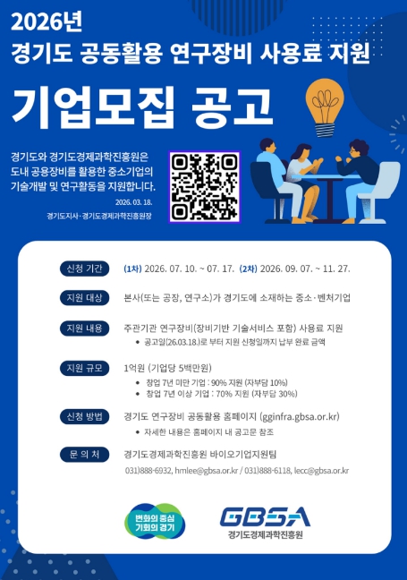 경기도, 중소·벤처기업 연구장비 사용료 최대 500만 원 지원
