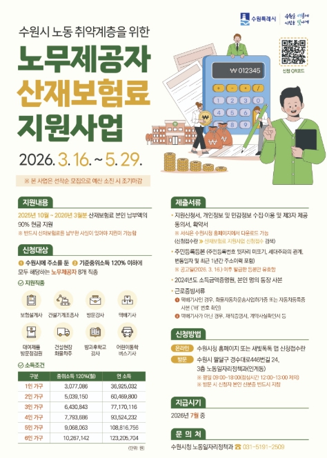 수원특례시, '2026년 상반기 노동 취약계층 노무제공자 산재보험료 지원사업' 신청 받는다