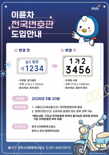 파주시, 20일부터 이륜차 전국번호판 본격 시행