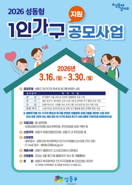 '성동형 1인가구 맞춤형 지원사업' 공모... 주민 3명 모이면 신청 가능