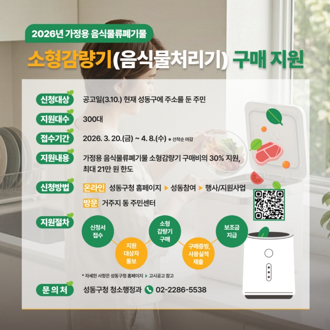 성동구, 가정용 음식물쓰레기 소형 감량기 구매 지원... 가구당 최대 21만 원 