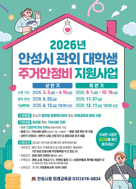 안성시, 관외 대학생 주거안정비 최대 120만원 지원