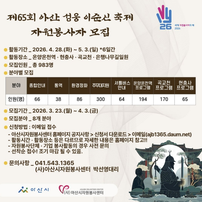 제65회 아산 성웅 이순신축제, 자원봉사자 983명 모집
