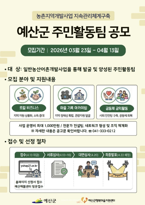 예산군행복마을지원센터, '농촌지역개발사업 지속관리체계 구축' 주민활동팀 모집