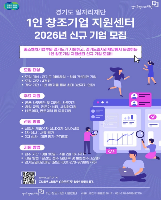 경기도일자리재단, '1인 창조기업 지원센터' 신규 참여기업 모집