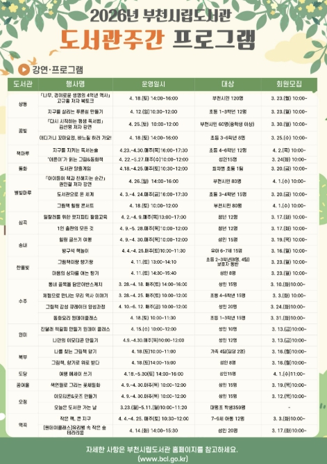부천시, 4월 '도서관 주간' 맞아 시민 참여 프로그램 운영