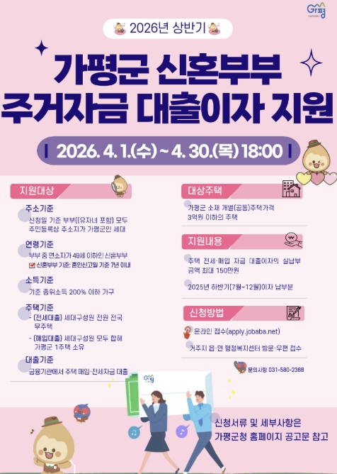 가평군, 상반기 신혼부부 주거자금 대출이자 지원