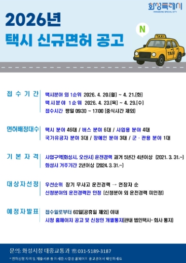 화성특례시, “개인택시 신규 면허 63대 공급” 교통 불편 해소 박차