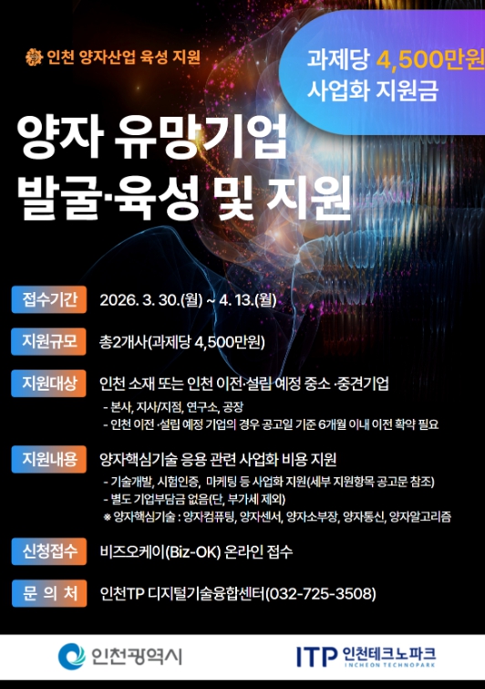 인천TP, ‘양자 유망기업 발굴·육성 및 지원사업’ 참여기업 모집