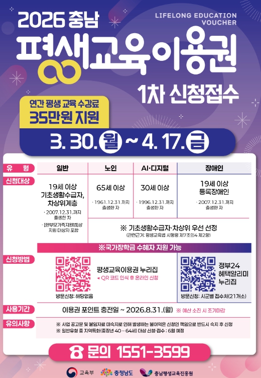 천안시, ‘2026 충남 평생교육이용권’ 1차 신청 접수 시작