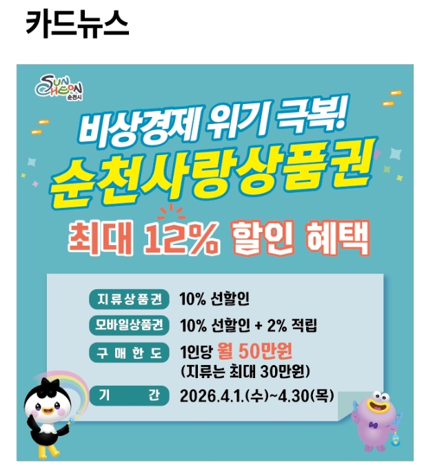 순천사랑상품권 “최대 12% 혜택”…생활물가 안정·지역상권 회복 총력