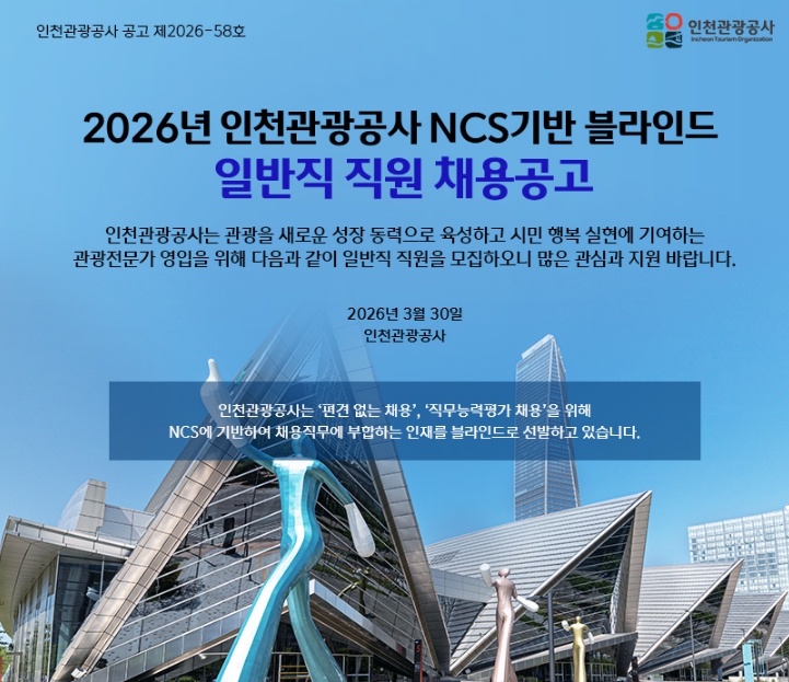 인천관광공사, 2026년 신규직원‘블라인드 공개 채용’실시