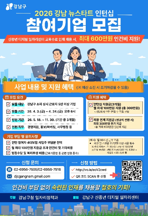 강남구, 신중년 채용 인턴십 참여기업 모집...최대 600만 원 지원