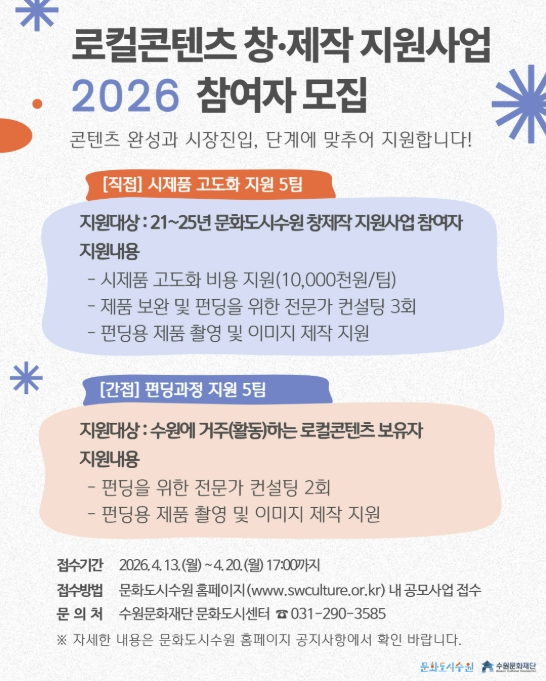 수원문화재단, 로컬콘텐츠 창·제작 지원사업 창작자 10팀 모집