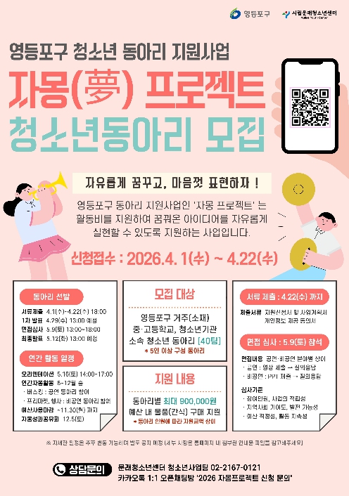 "청소년들이여, 자유롭게 꿈꿔라" 영등포구, '자몽[夢] 프로젝트' 청소년 동아리 40팀 모집