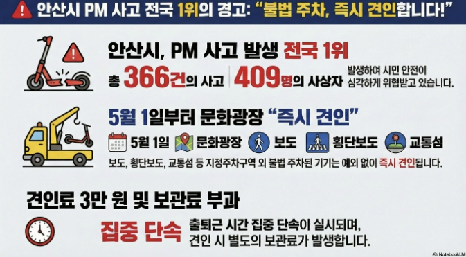 안산시, 전동킥보드 불법주차 강력 대응… 5월부터 즉시 견인 시범운영