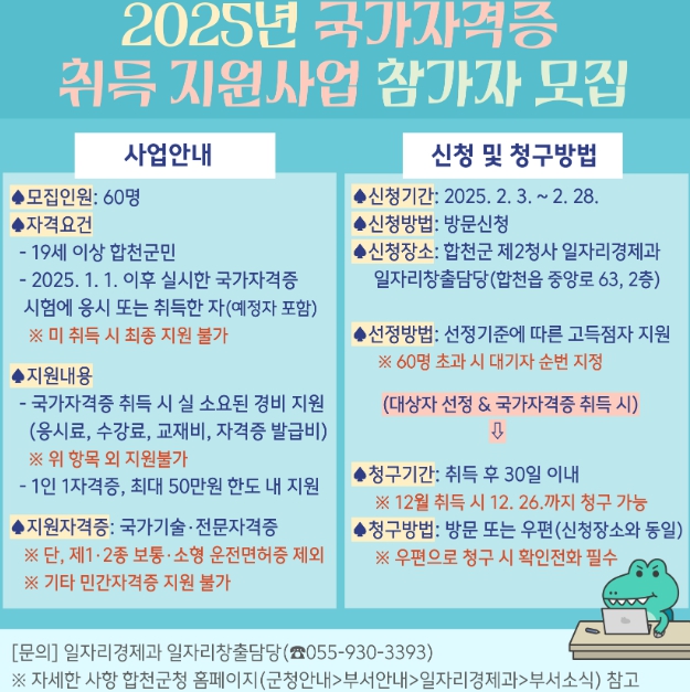 합천군, 2025년'국가자격증 취득 지원사업'실시