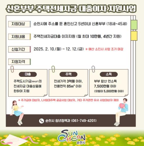 순천시, 신혼부부 주택전세자금 대출이자 최대 480만 원 지원
