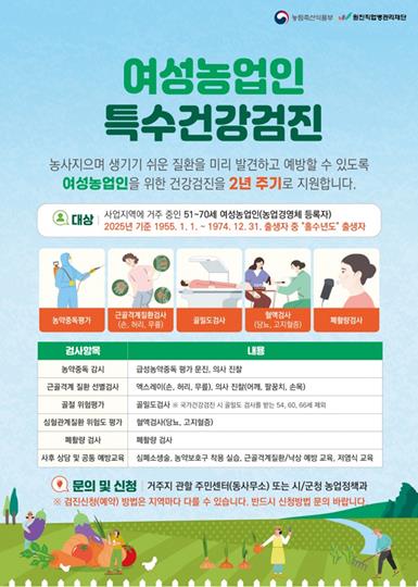 창원특례시, 여성농업인 특수건강검진 시행... 검진비 90% 지원
